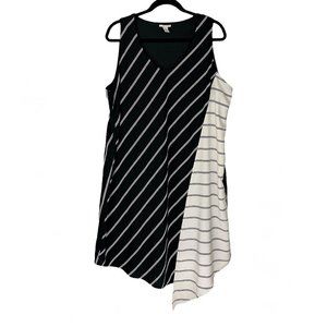 Halogen Black White Striped Asymmetric V-Neck Sleeveless Dress 16W